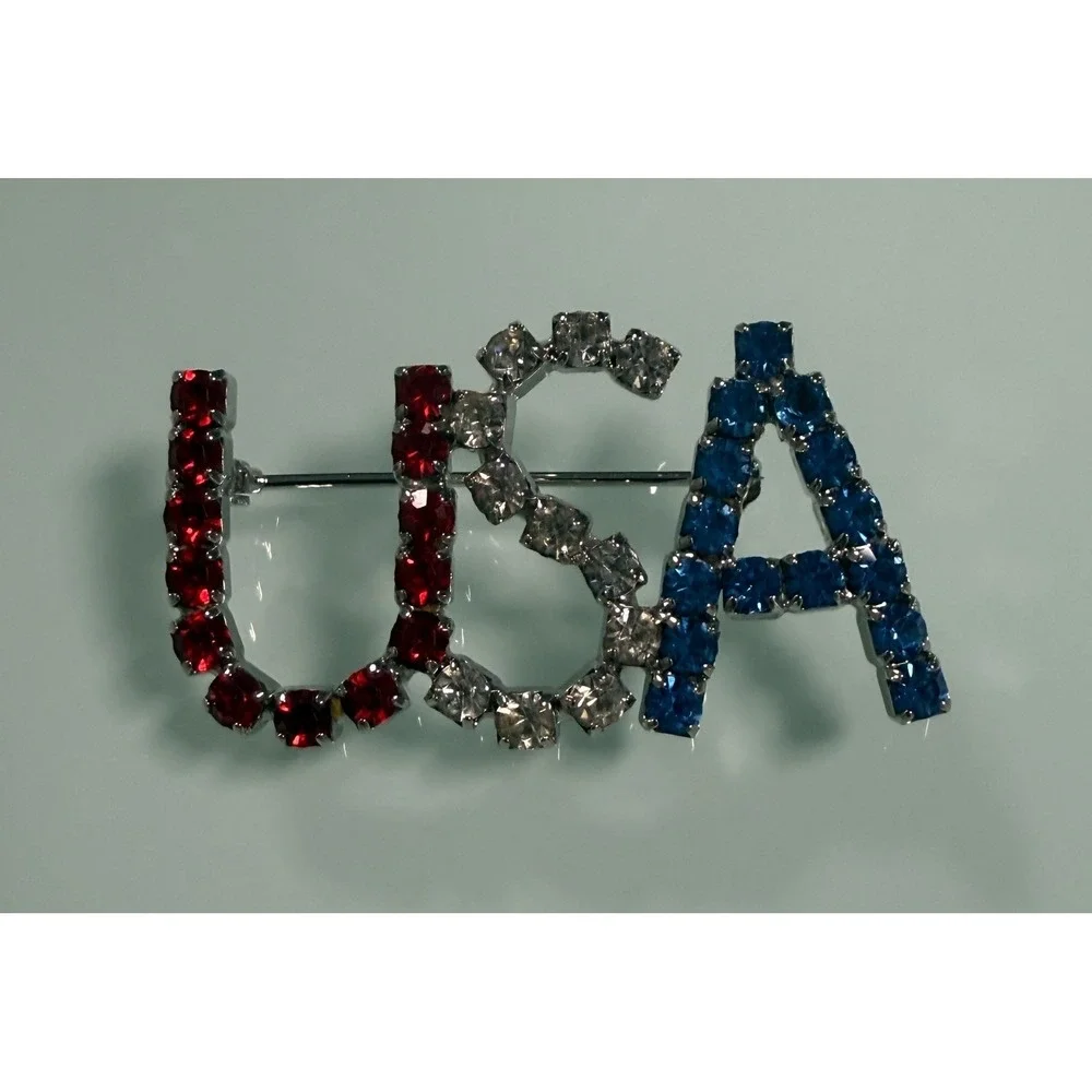 VTG Rhinestone USA Pin Brooch Red, White, Blue Crystals Silver Tone Metal